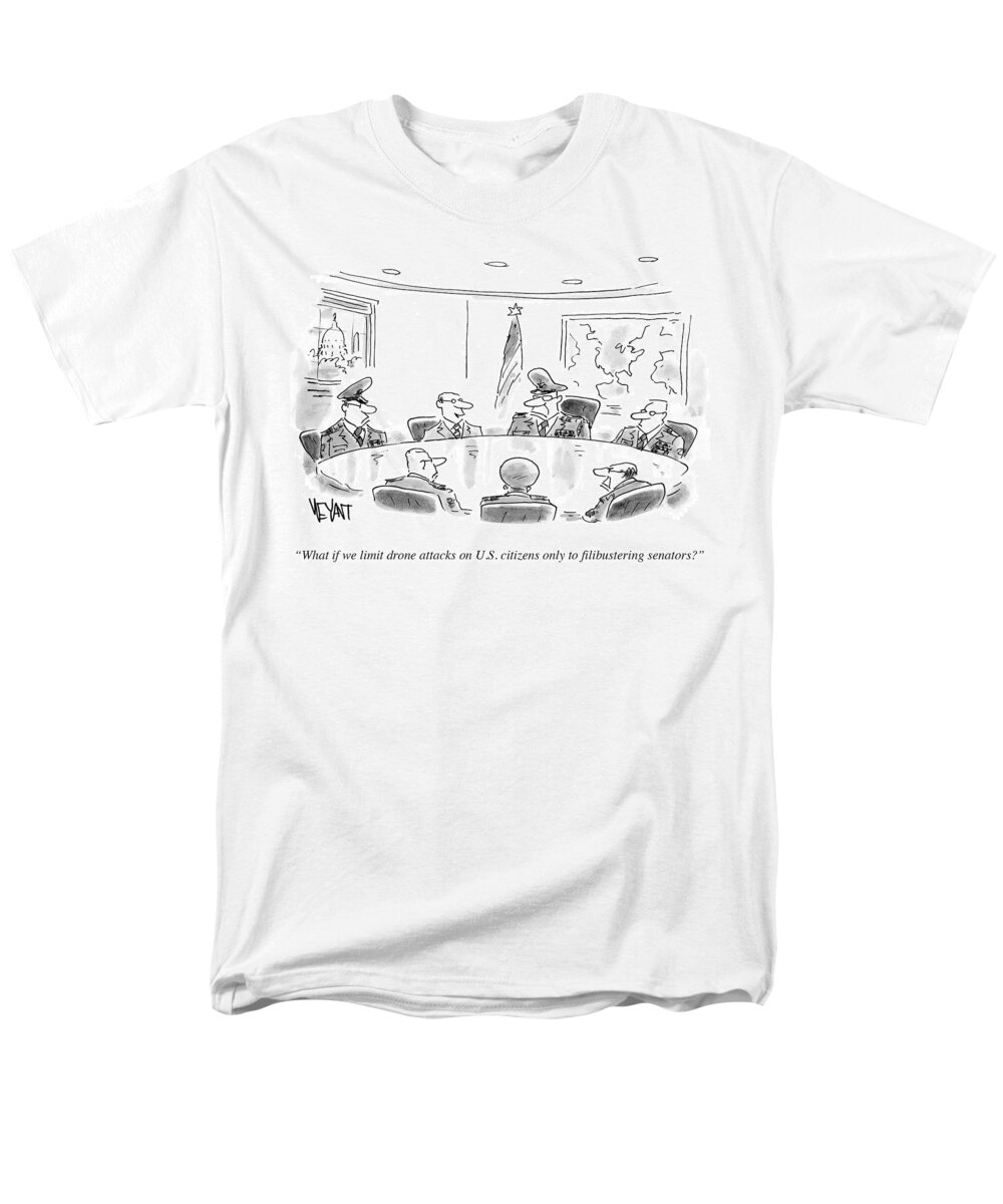 What If We Limit Drone Attacks On U.s. Citizens Only To Filibustering Senators.' Men's T-Shirt (Regular Fit) featuring the drawing What Is We Limit Drone Attacks by Christopher Weyant