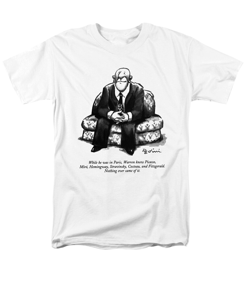 
(a Rather Unhappy-looking Man Sits On A Sofa With His Hands Folded)
Psychology Men's T-Shirt (Regular Fit) featuring the drawing While He Was In Paris by Eldon Dedini