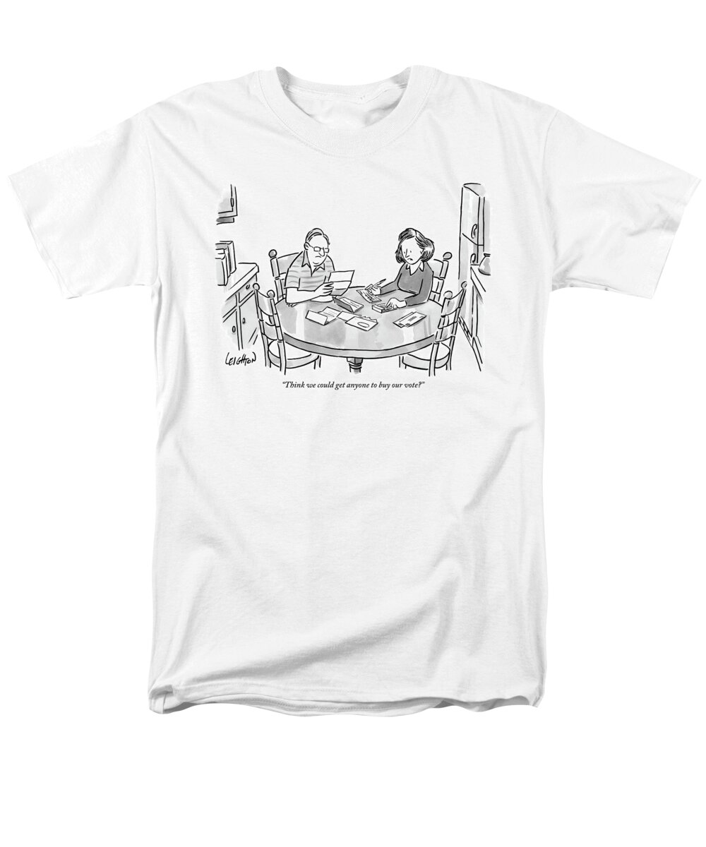 Elections Men's T-Shirt (Regular Fit) featuring the drawing Woman Speaks To Man As They Do Bills At A Table by Robert Leighton