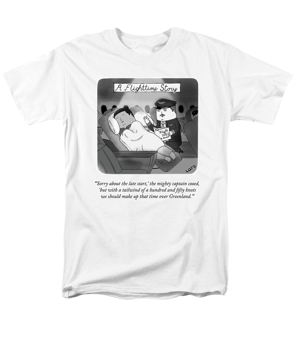 sorry About The Late Start Men's T-Shirt (Regular Fit) featuring the drawing A Flighttime Story by Lars Kenseth