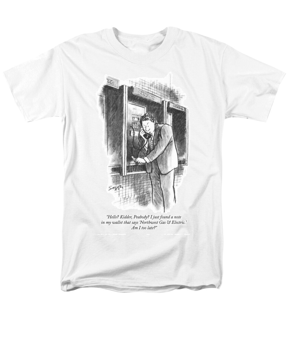 hello? Kidder Men's T-Shirt (Regular Fit) featuring the drawing Am I too late by Charles Saxon