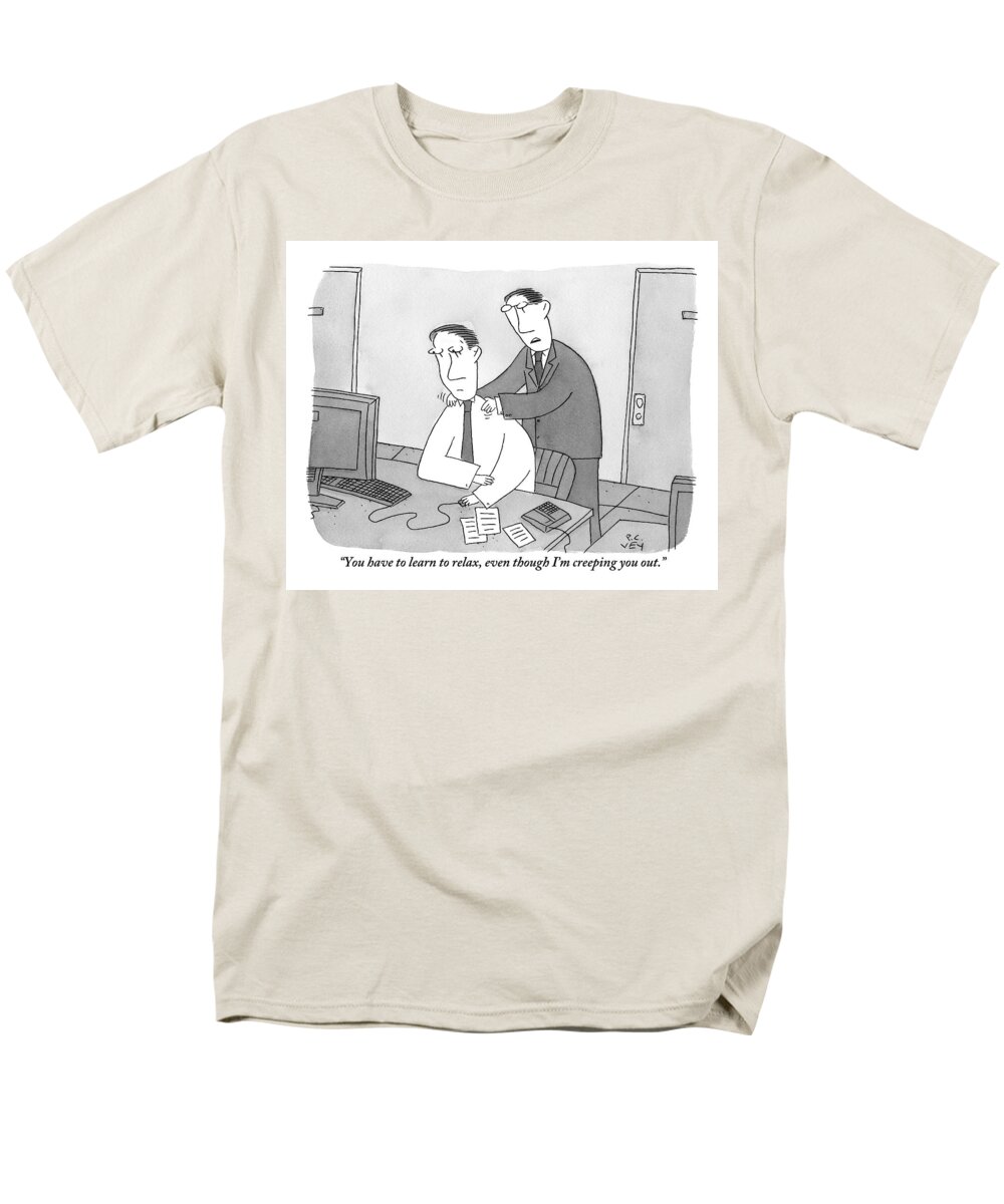 Shoulders Men's T-Shirt (Regular Fit) featuring the drawing A Man Sitting At His Desk Is Massaged by Peter C. Vey