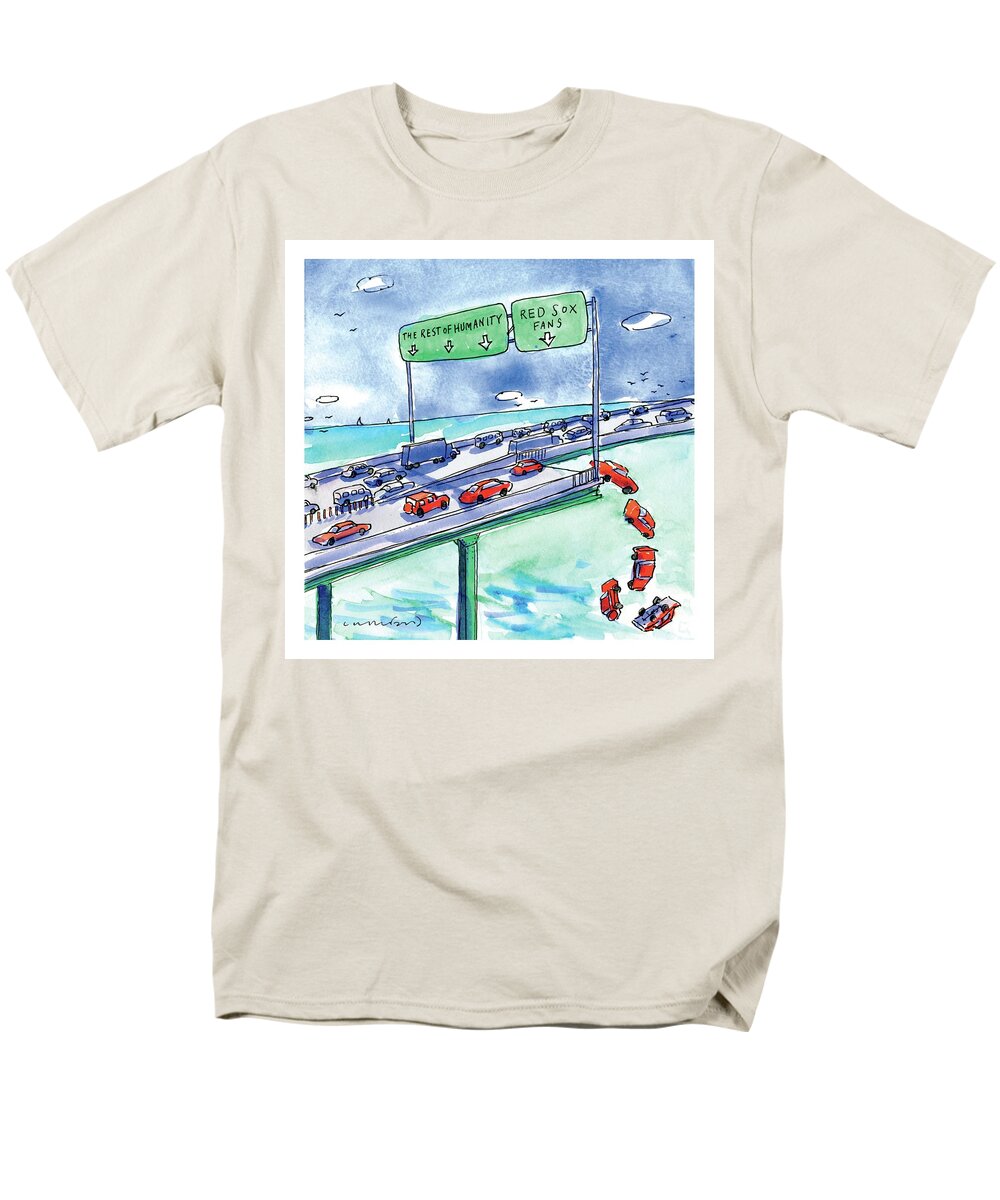 Red Sox Men's T-Shirt (Regular Fit) featuring the drawing Red Cars Drop Off A Bridge Under A Sign That Says by Michael Crawford