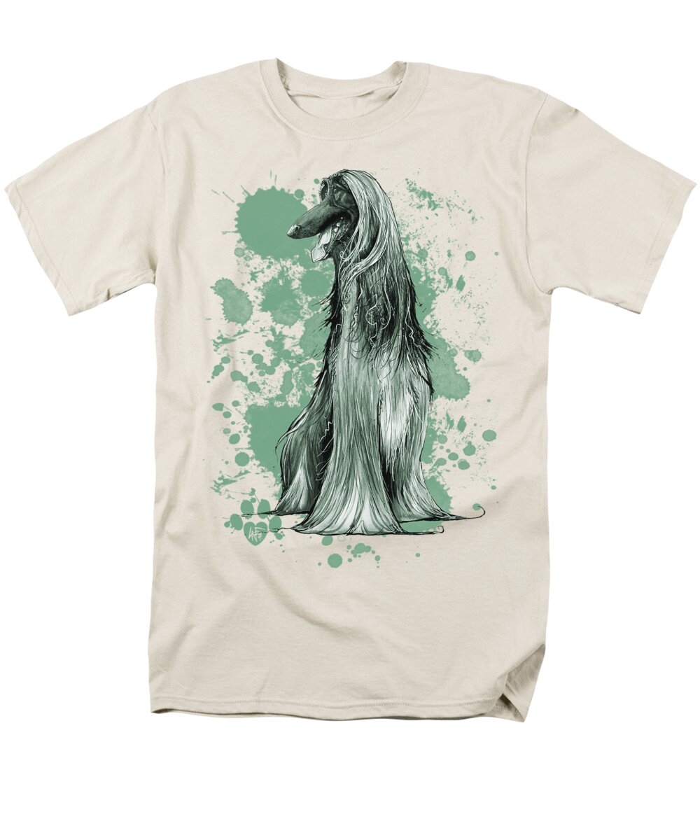Afghan Hound Men's T-Shirt (Regular Fit) featuring the drawing Green Paint Splatter Afghan Hound by Canine Caricatures By John LaFree