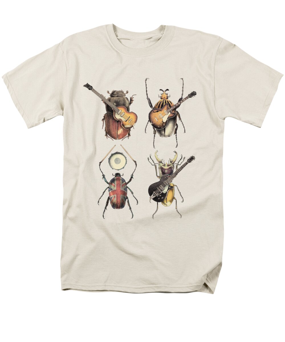 Beetles Insects Pop Music Music Rock And Roll Guitars Drums Epiphone Bass Retro 1960s British Brit Pop British Invasion Entomology Classic Union Jack Funny Electric Guitars Parody Clever Men's T-Shirt (Regular Fit) featuring the digital art Meet the Beetles by Eric Fan
