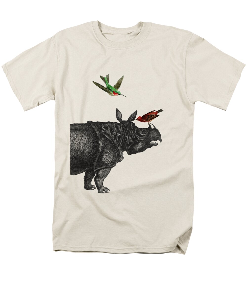 Rhino Men's T-Shirt (Regular Fit) featuring the digital art Rhinoceros with birds art print by Madame Memento