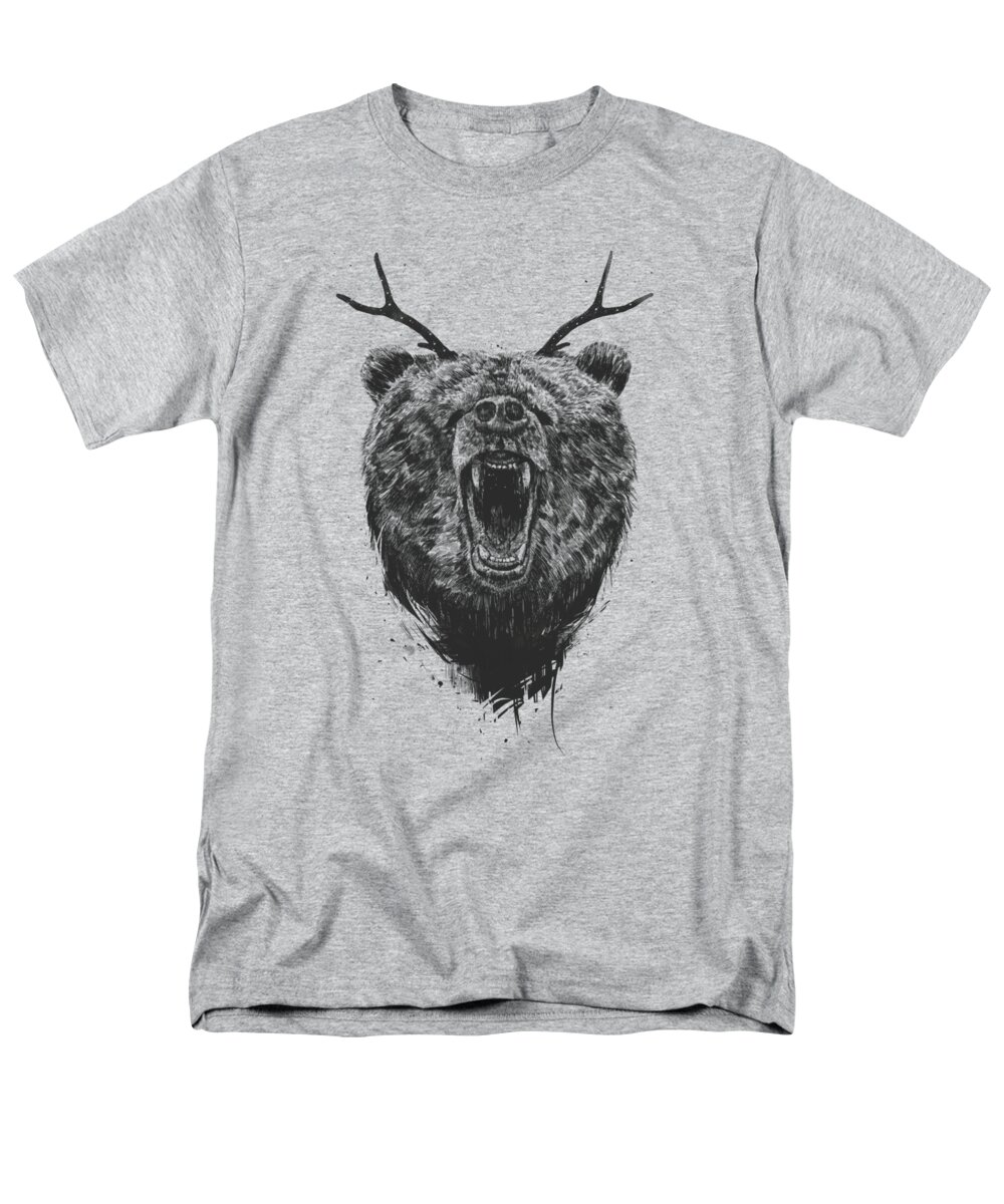 Bear Men's T-Shirt (Regular Fit) featuring the drawing Angry bear with antlers by Balazs Solti