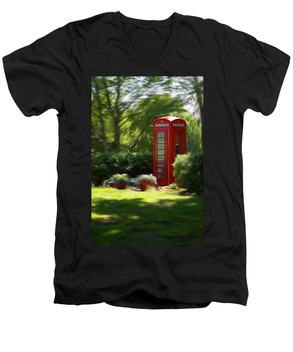 Red Phone Booth Men's V-Neck T-Shirt featuring the photograph Booth at the Park by Randy Pollard