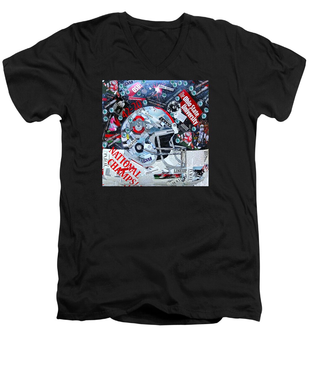 Ohio State Men's V-Neck T-Shirt featuring the painting Ohio State University National Football Champs by Colleen Taylor