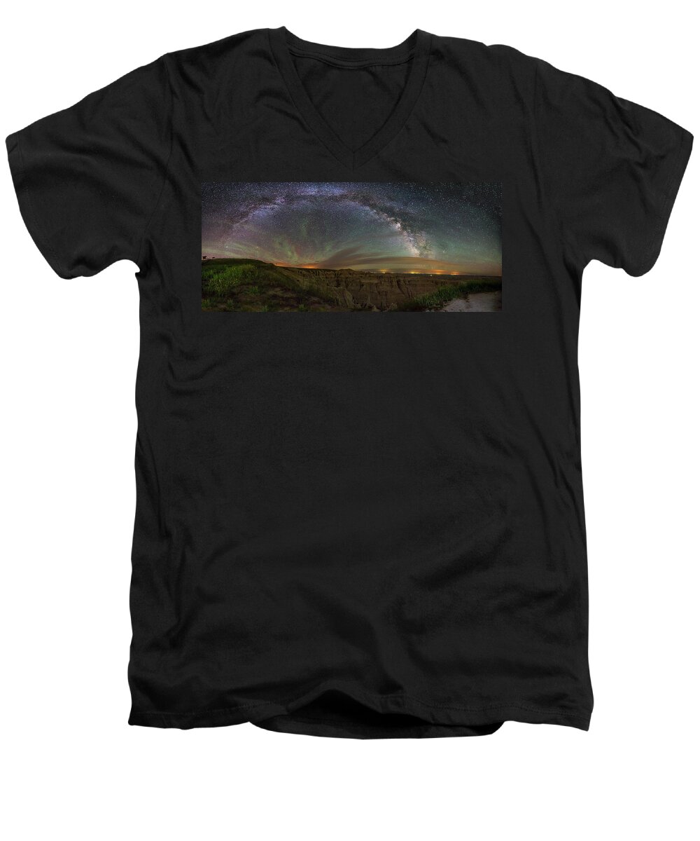 Milky Way Men's V-Neck T-Shirt featuring the photograph Pinnacles Overlook at Night by Aaron J Groen