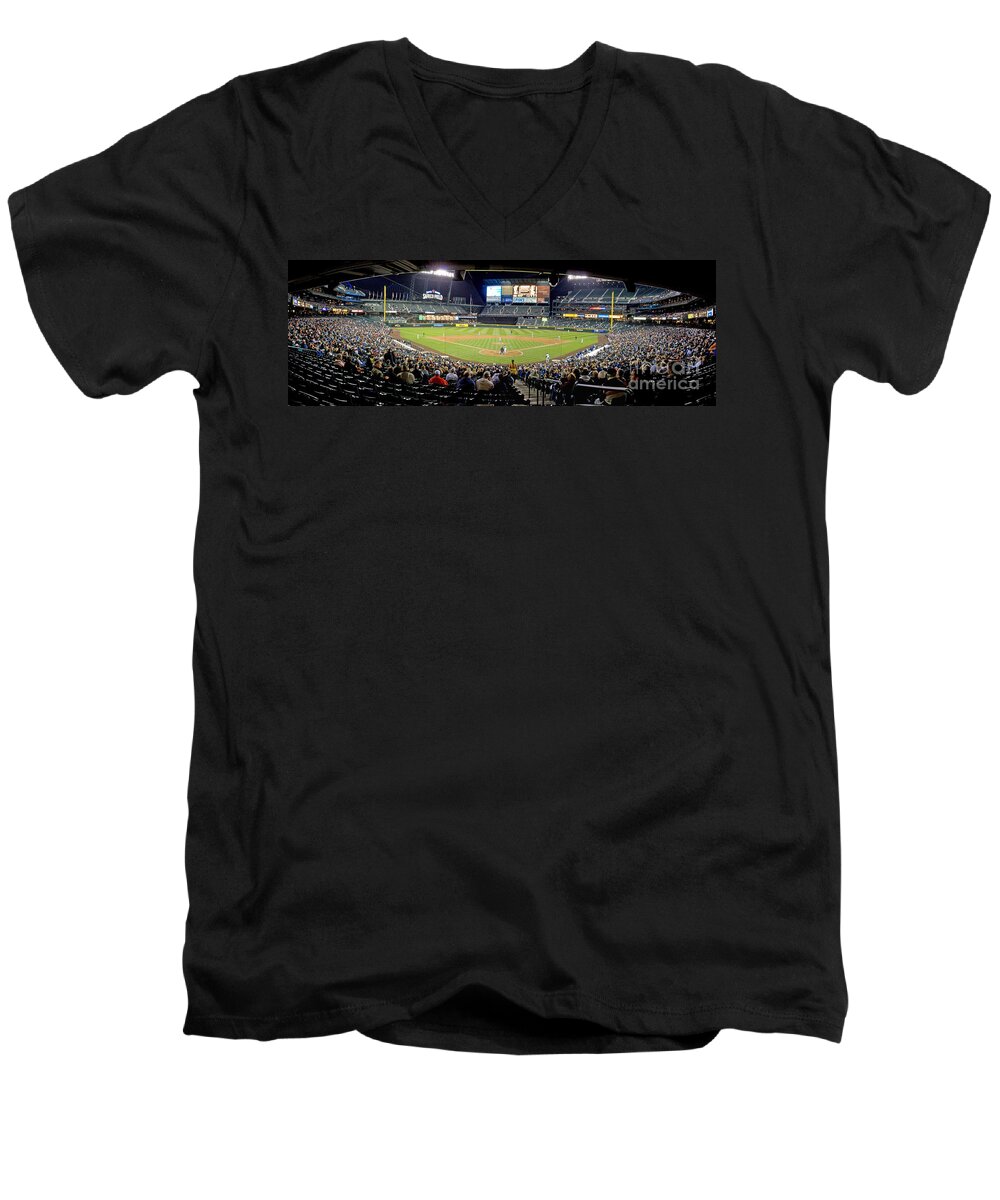 Safeco Men's V-Neck T-Shirt featuring the photograph 0434 Safeco Field Panoramic by Steve Sturgill