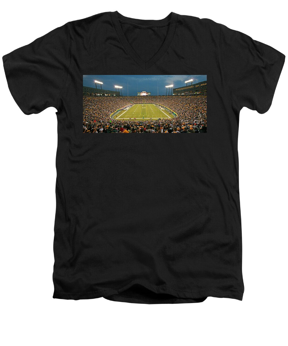 Green Men's V-Neck T-Shirt featuring the photograph 0614 Prime Time at Lambeau Field by Steve Sturgill