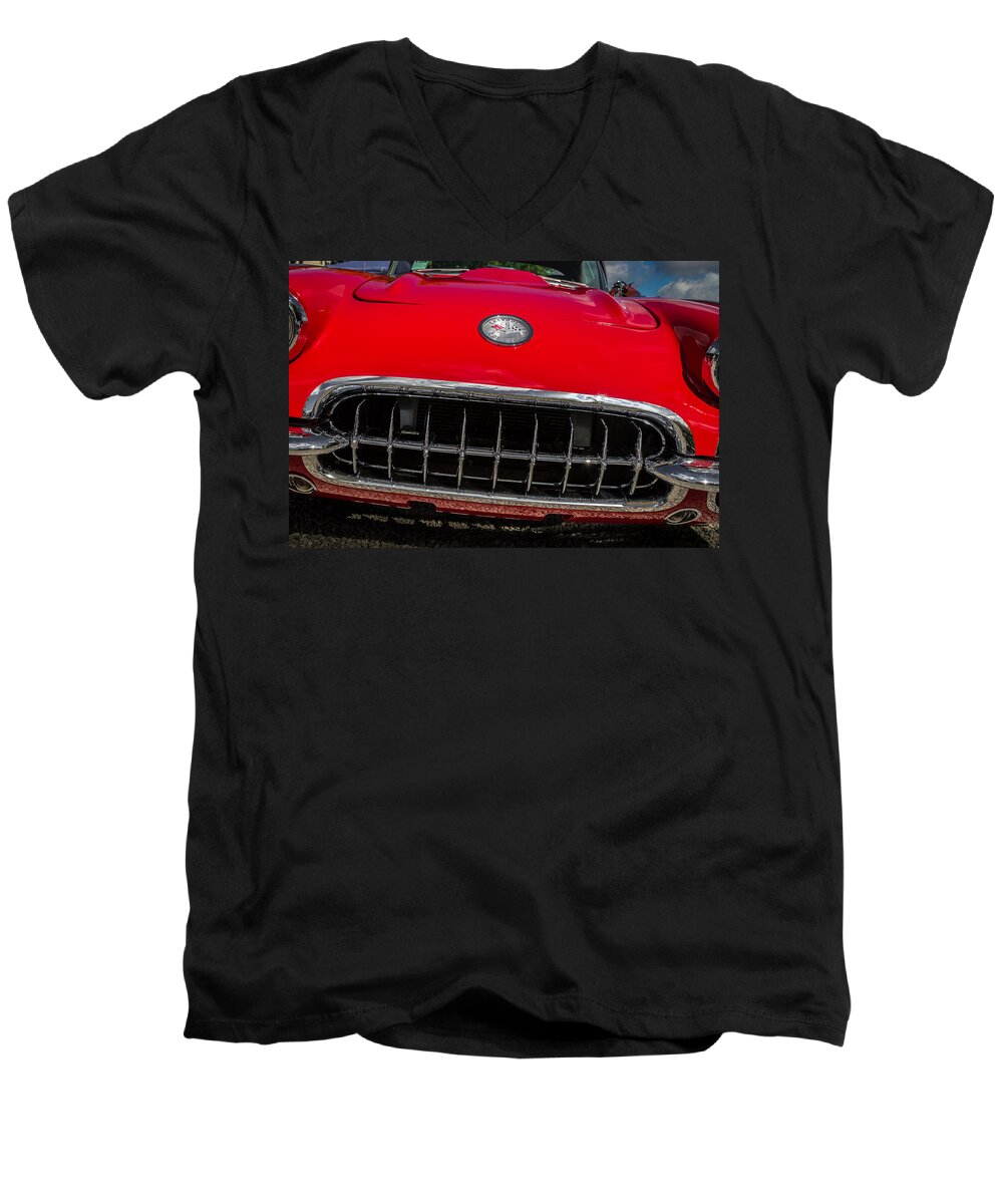 1958 Men's V-Neck T-Shirt featuring the photograph 1958 Chevrolet Corvette Grille by Ron Pate