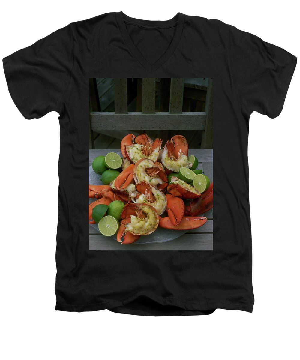 Cooking Men's V-Neck T-Shirt featuring the photograph A Meal With Lobster And Limes by Romulo Yanes