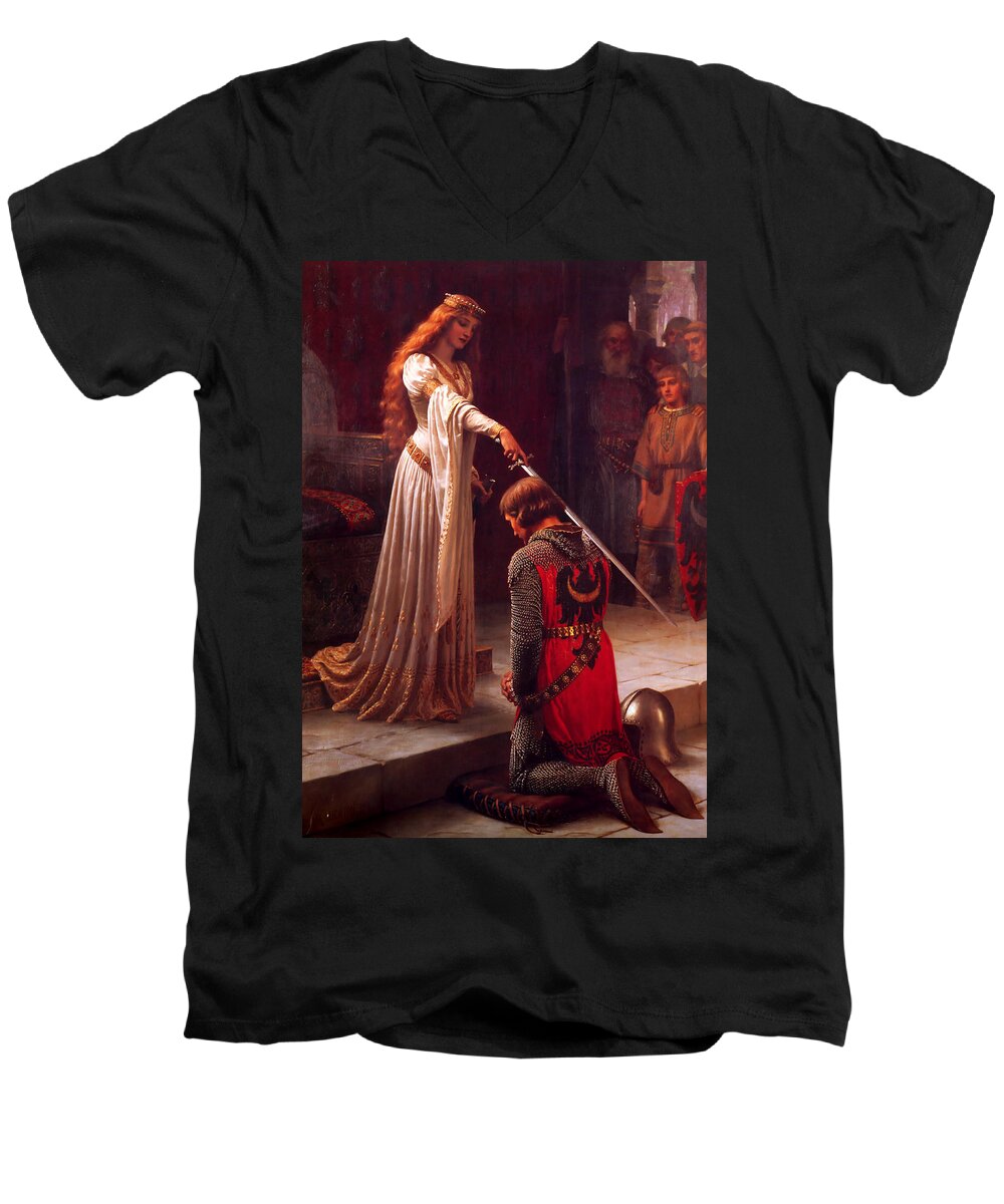 Edmund Blair Leighton Men's V-Neck T-Shirt featuring the painting Accolade #2 by Edmund Blair Leighton