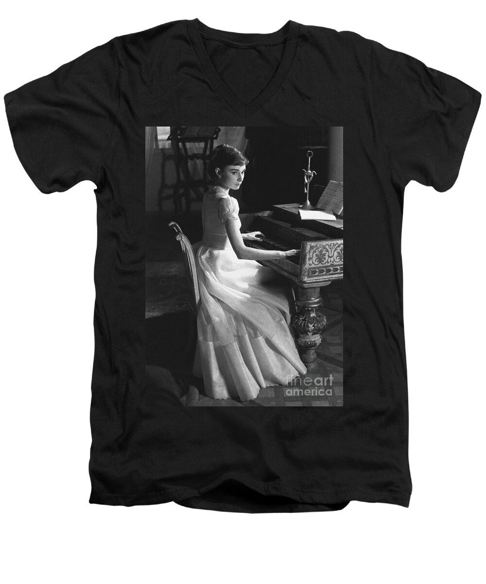 B&w Men's V-Neck T-Shirt featuring the photograph Audrey Hepburn #3 by George Daniell