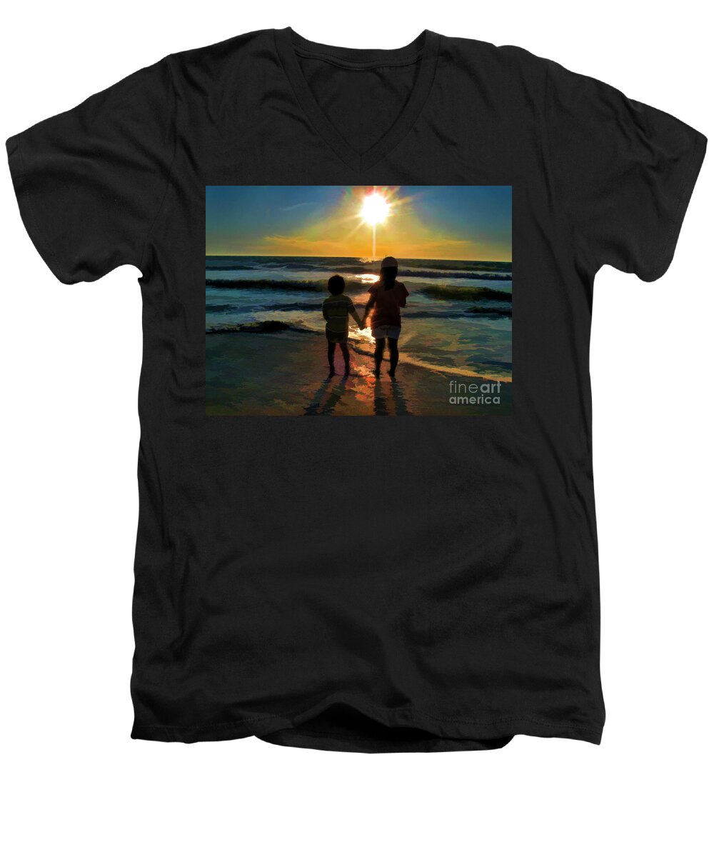 Ocean Sunset With Kids Men's V-Neck T-Shirt featuring the digital art Beach Kids #1 by Margie Chapman