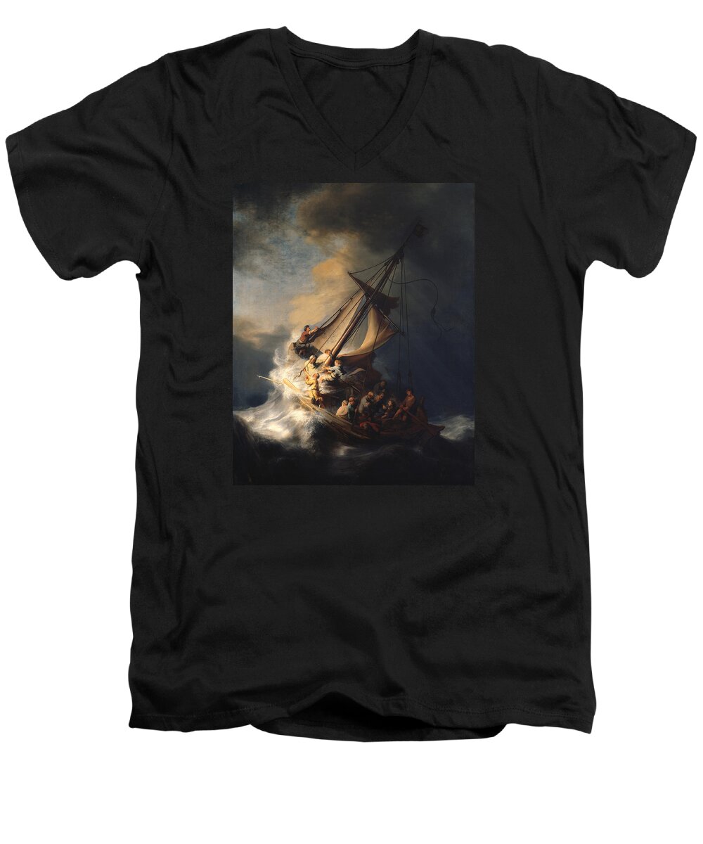 Rembrandt Van Rijn Men's V-Neck T-Shirt featuring the painting Christ In The Storm On The Sea Of Galilee #3 by Celestial Images