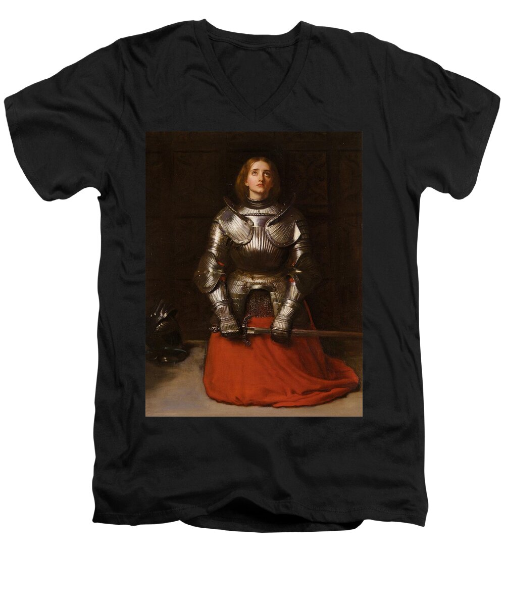 John Everett Millais Men's V-Neck T-Shirt featuring the painting Joan of Arc #1 by John Everett Millais