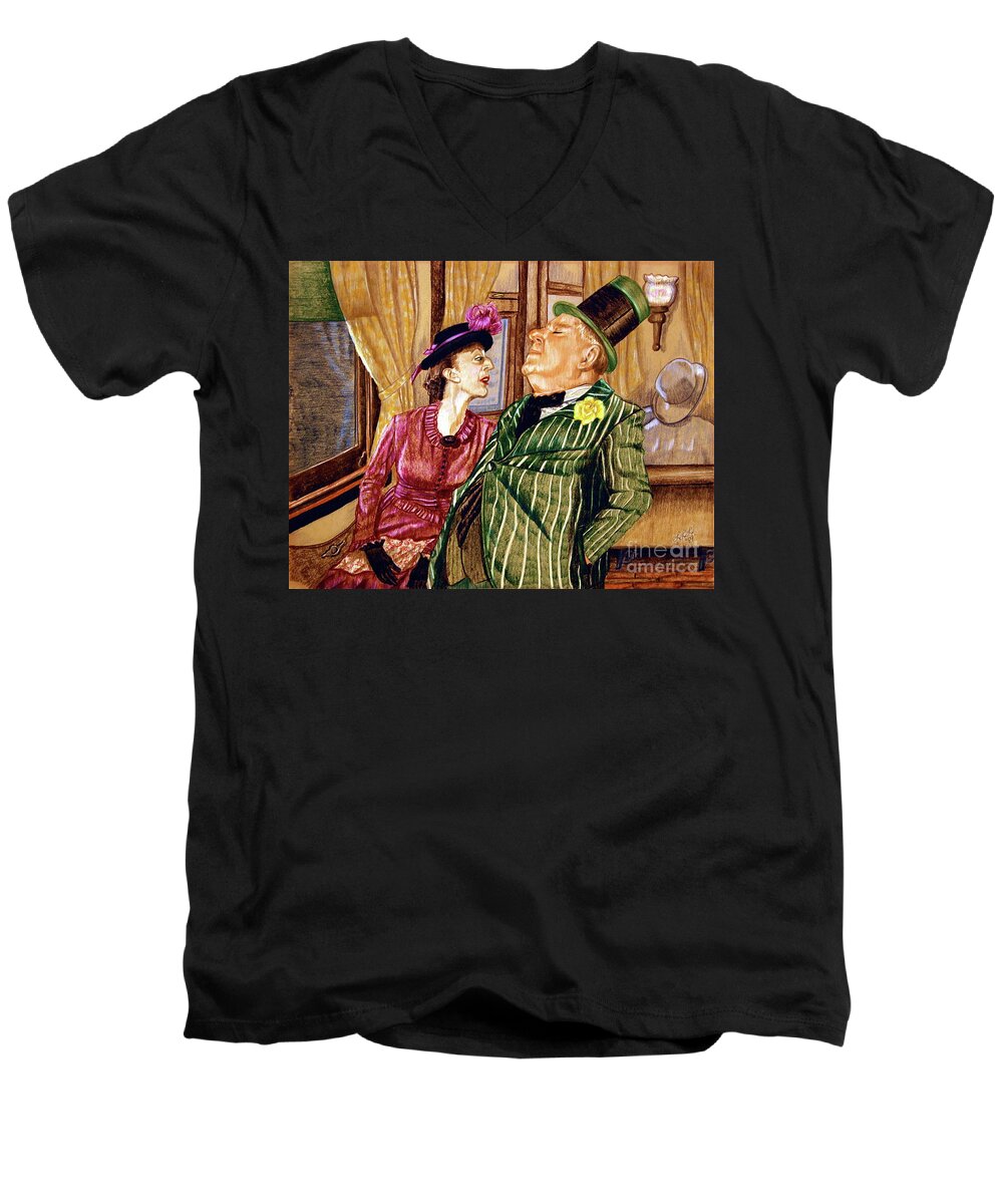 Train Men's V-Neck T-Shirt featuring the drawing Margaret and W.C. Fields by Linda Simon