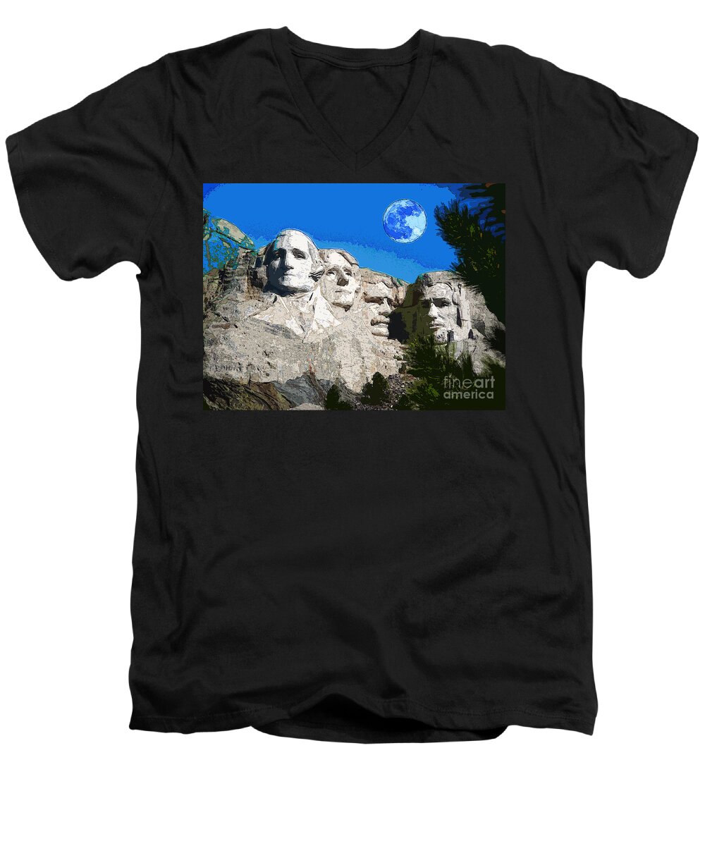 Mount Rushmore In South Dakota Men's V-Neck T-Shirt featuring the mixed media Mount Rushmore in South Dakota #1 by Celestial Images