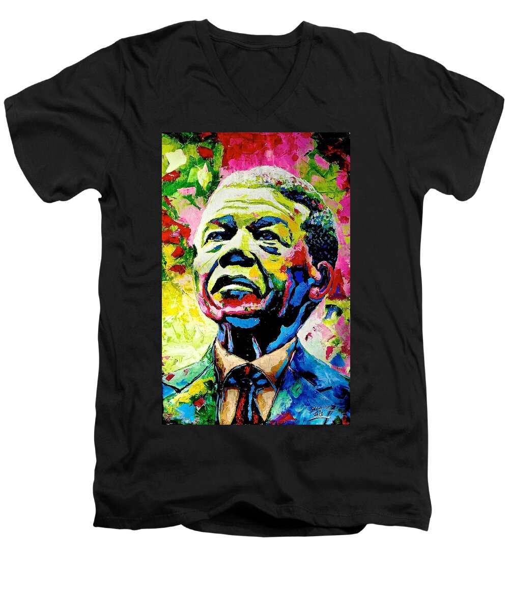 Evans Yegon Men's V-Neck T-Shirt featuring the painting Nelson Mandela #1 by Evans Yegon