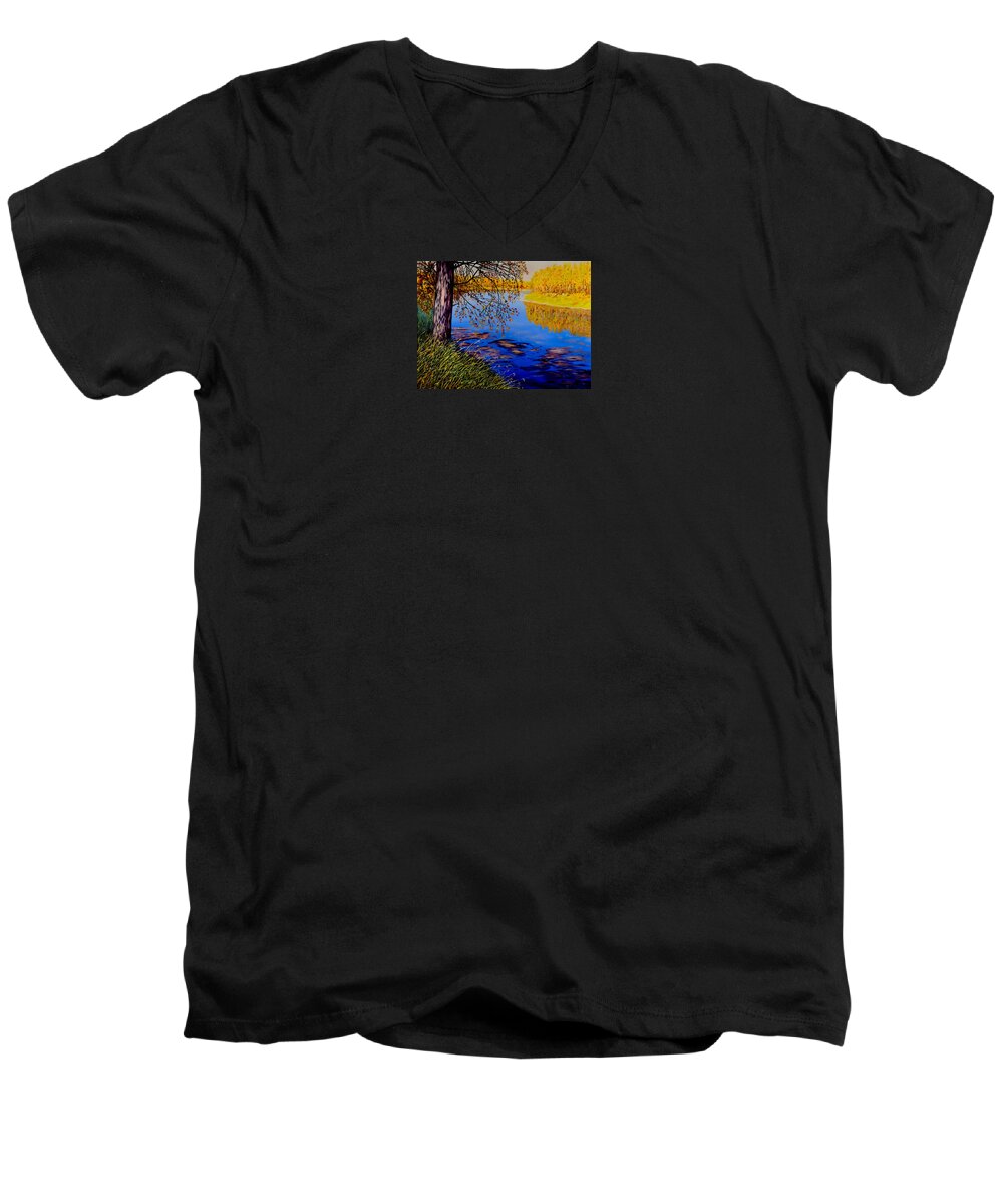Blue Tone Men's V-Neck T-Shirt featuring the painting October Afternoon by Sher Nasser