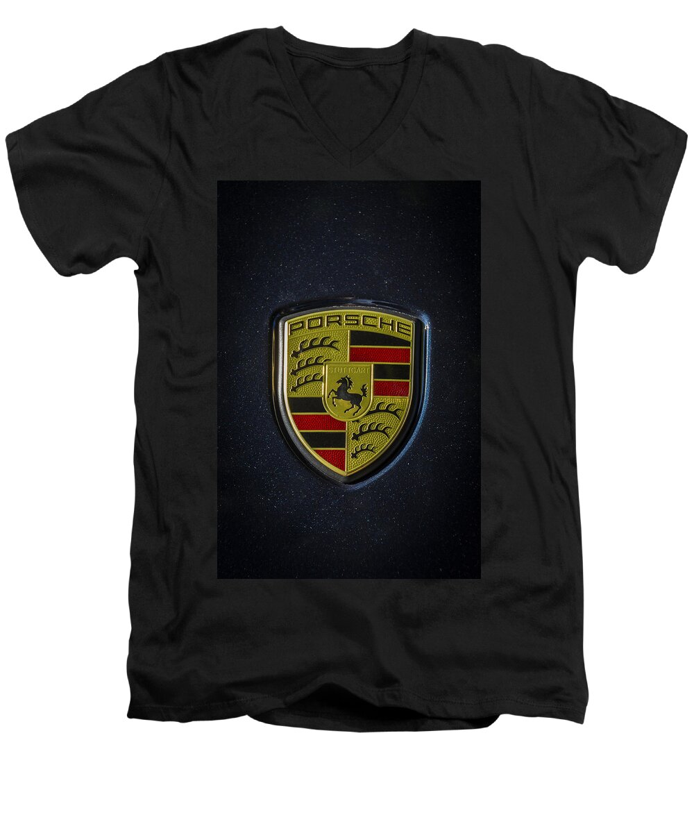 Car Men's V-Neck T-Shirt featuring the photograph Porsche logo #1 by Paulo Goncalves