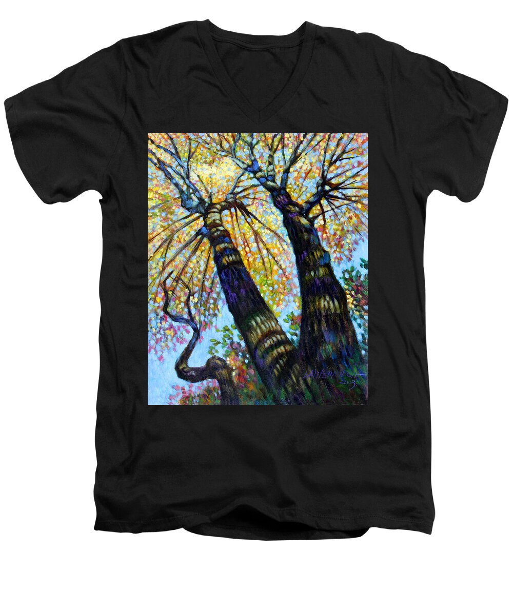 Fall Men's V-Neck T-Shirt featuring the painting Reaching for the Light #2 by John Lautermilch