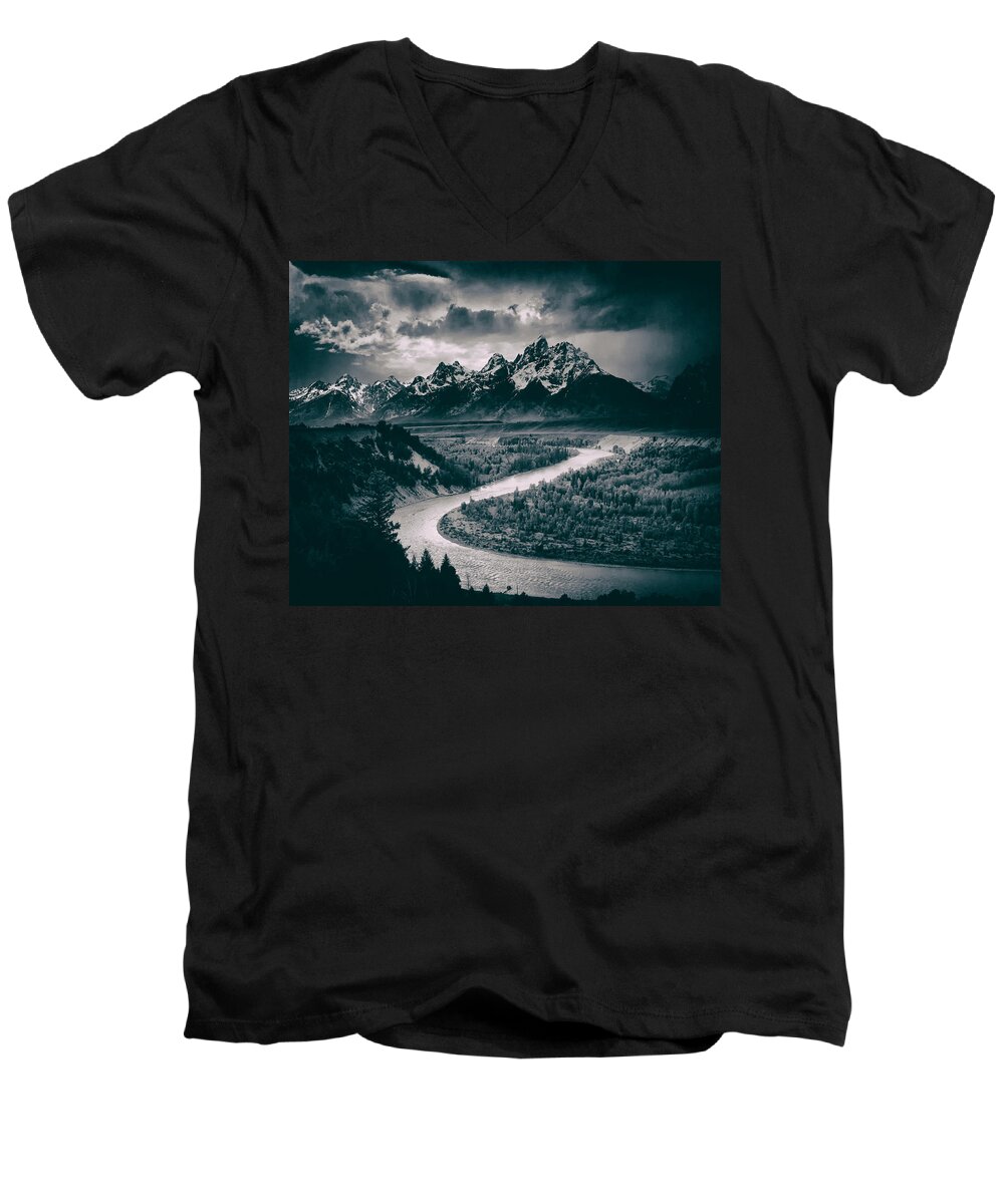 Ansel Adams Men's V-Neck T-Shirt featuring the photograph Snake River in the Tetons - 1930s #1 by Mountain Dreams