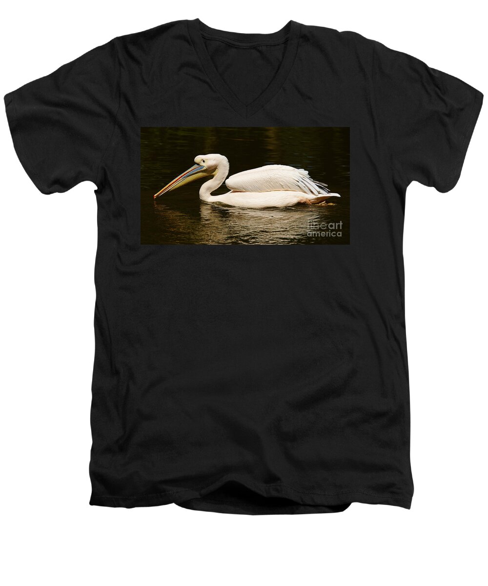 Animal Men's V-Neck T-Shirt featuring the photograph Swimming Pink Pelican #1 by Nick Biemans