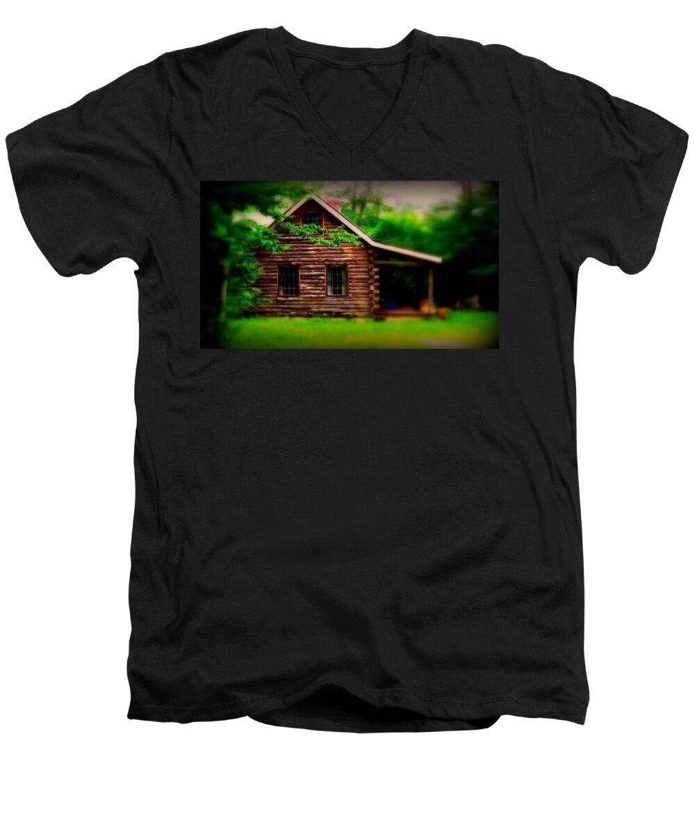  Log Cabin Men's V-Neck T-Shirt featuring the photograph The Rustic Log Cabin by Marysue Ryan
