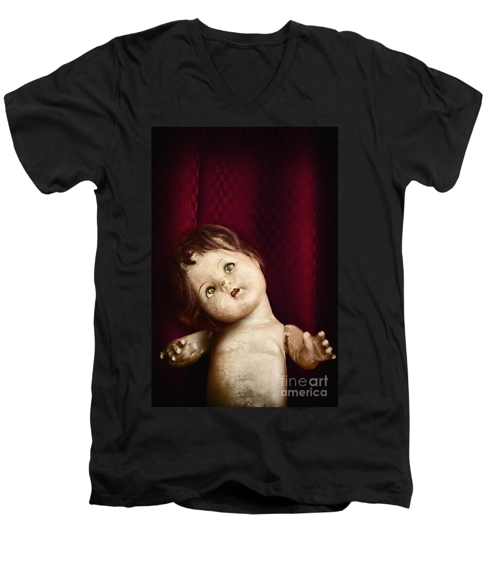 Antique; Broken; Cracked; Dirty; Doll; Eerie; Eyes; Face; Head Men's V-Neck T-Shirt featuring the photograph Tilted #1 by Margie Hurwich