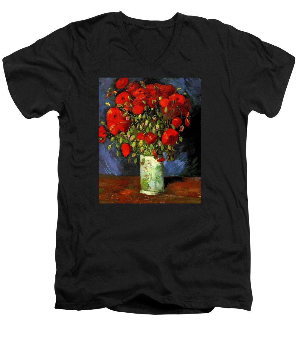 Vincent Van Gogh Men's V-Neck T-Shirt featuring the painting Vase With Red Poppies #1 by Vincent Van Gogh