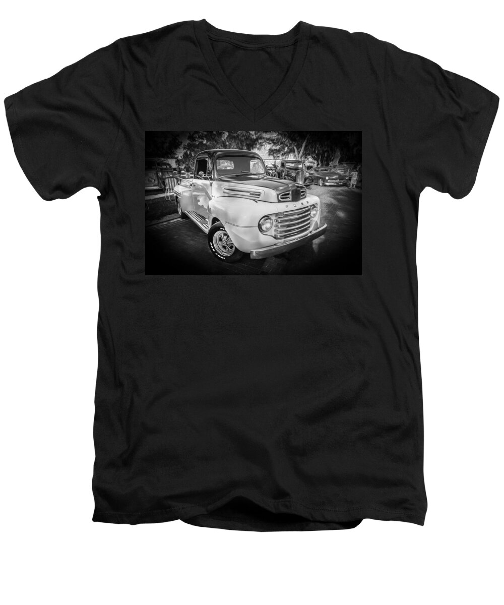 1950 Ford Truck Men's V-Neck T-Shirt featuring the photograph 1950 Ford Pick Up Truck F100 BW by Rich Franco