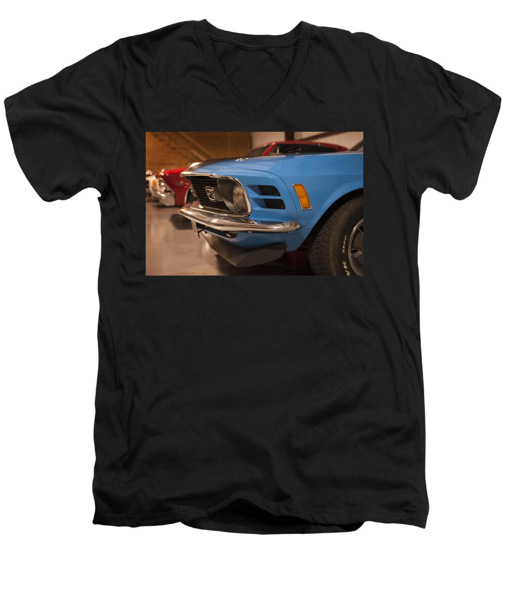 Classic Car Men's V-Neck T-Shirt featuring the photograph 1970 Mustang Mach 1 And Other Classics Hidden In a Garage by Todd Aaron