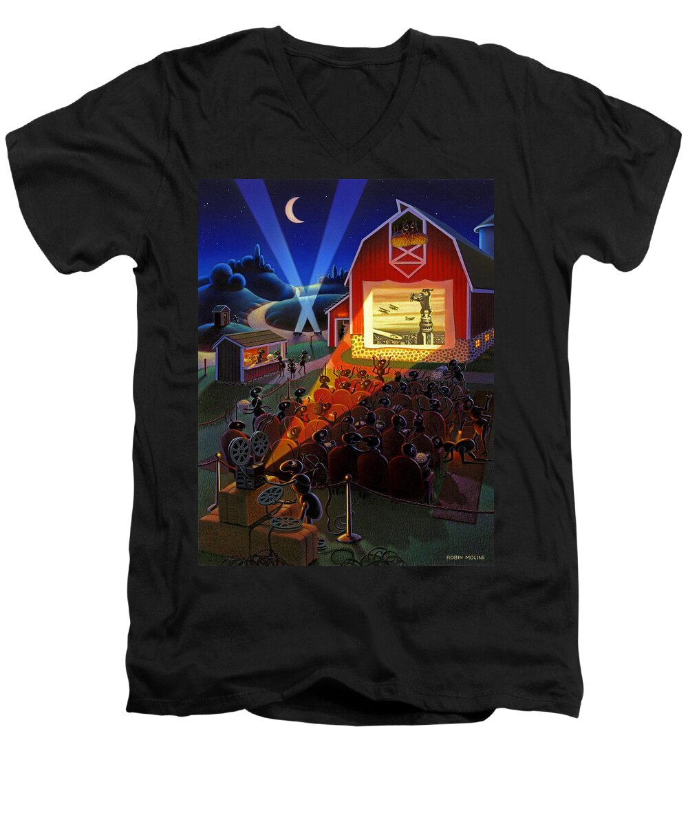 Ants Men's V-Neck T-Shirt featuring the painting Ants at the Movies by Robin Moline
