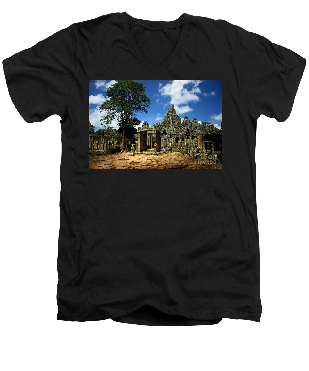 Bayon Men's V-Neck T-Shirt featuring the photograph Bayon Temple View from the East by Joey Agbayani