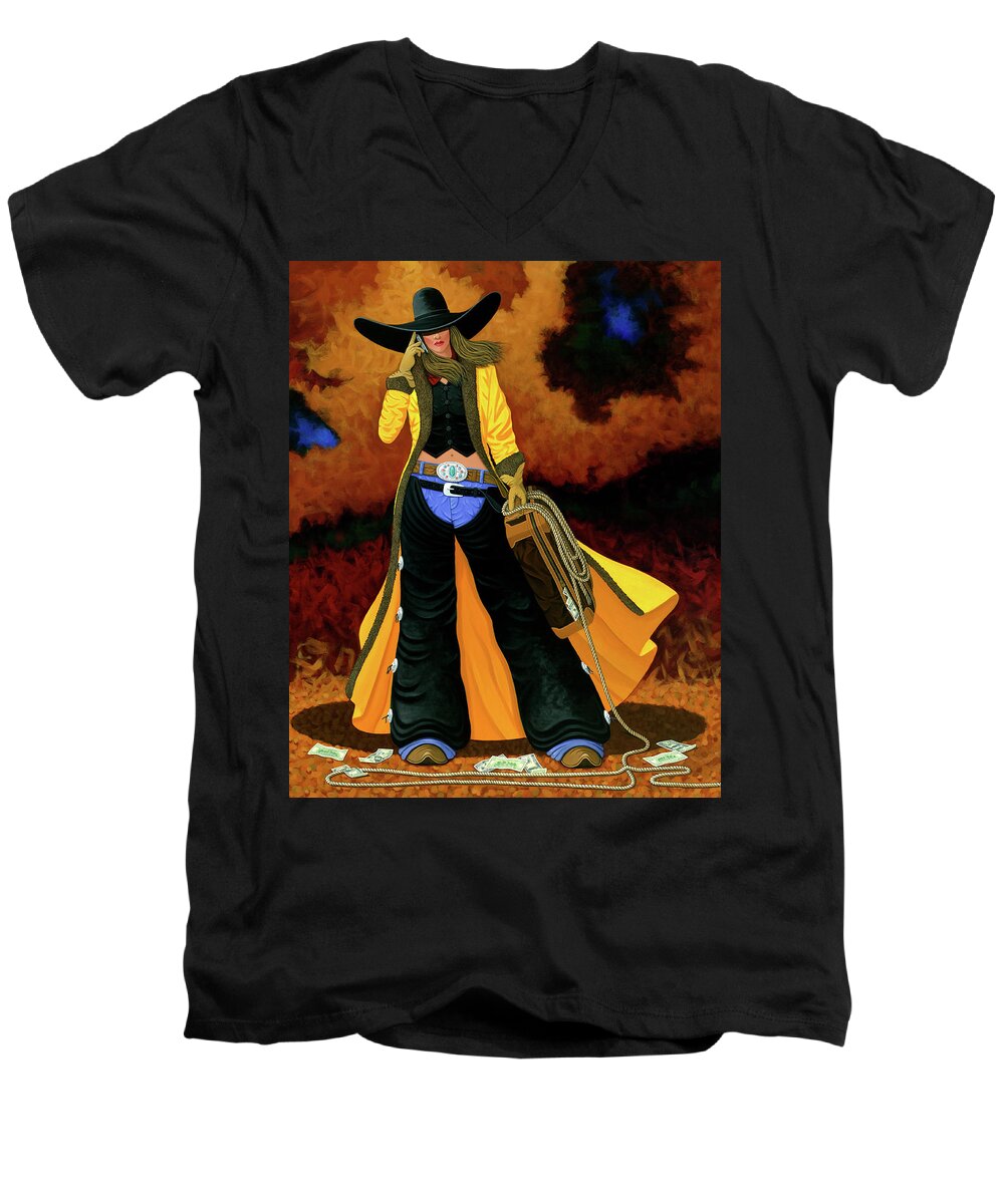 Bonnie & Clyde Men's V-Neck T-Shirt featuring the painting Bonnie by Lance Headlee