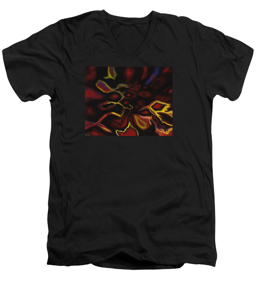Abstract Fire Flames Intense Deep Color Black Orange Red Purple Mysterious Men's V-Neck T-Shirt featuring the pastel Fiamma dell'anima by Brenda Salamone