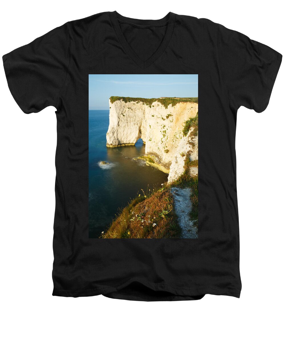 Old Harry Men's V-Neck T-Shirt featuring the photograph Morning light at Old Harry Rocks #2 by Ian Middleton