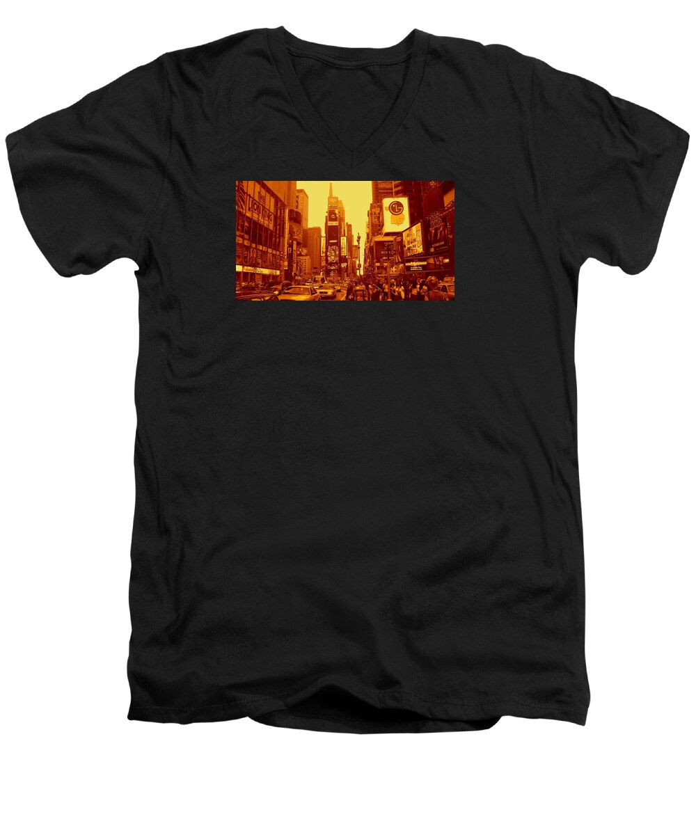 Manhattan Prints Men's V-Neck T-Shirt featuring the photograph 42nd Street and Times Square Manhattan by Monique Wegmueller