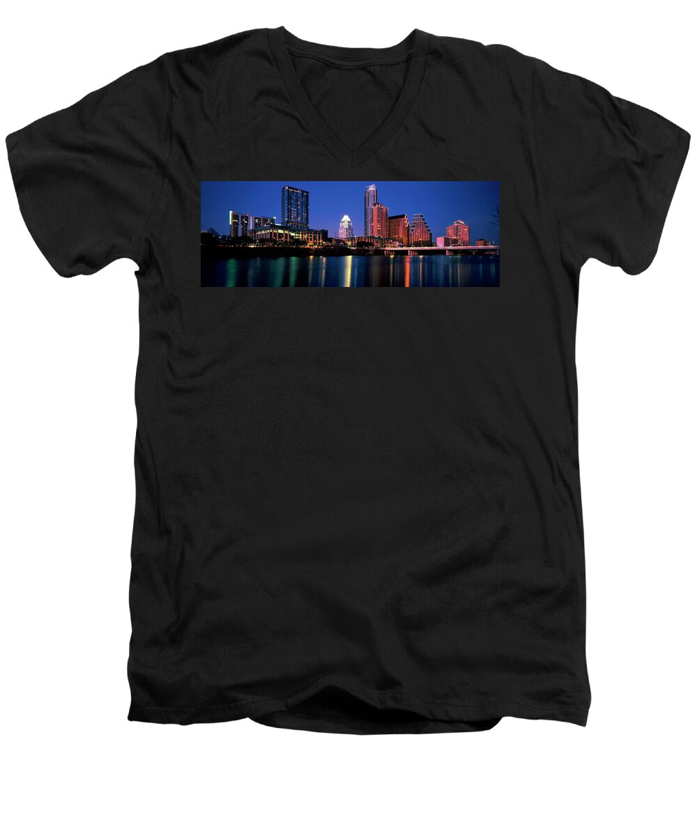 Photography Men's V-Neck T-Shirt featuring the photograph Skyscrapers At The Waterfront, Lady #3 by Panoramic Images