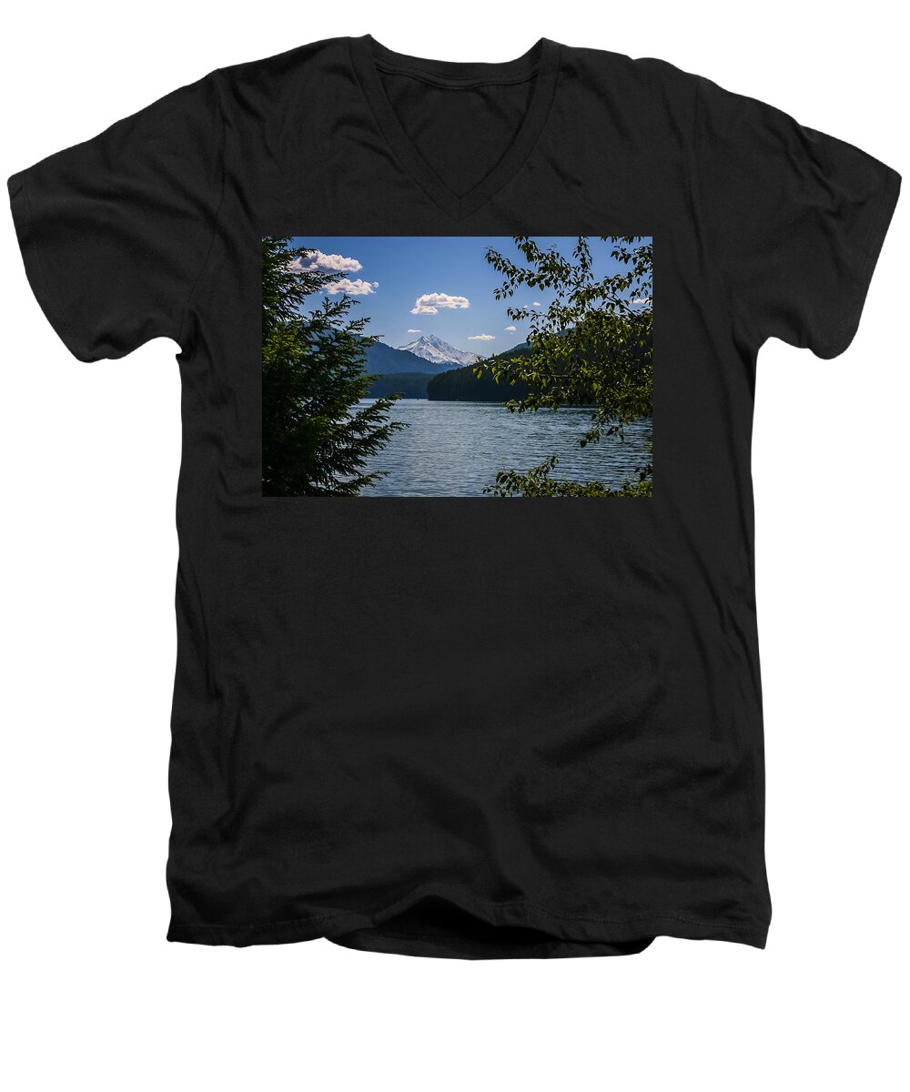 Detroit Men's V-Neck T-Shirt featuring the photograph 40620-3 Detroit Lake and Mt Jefferson by Albert Seger