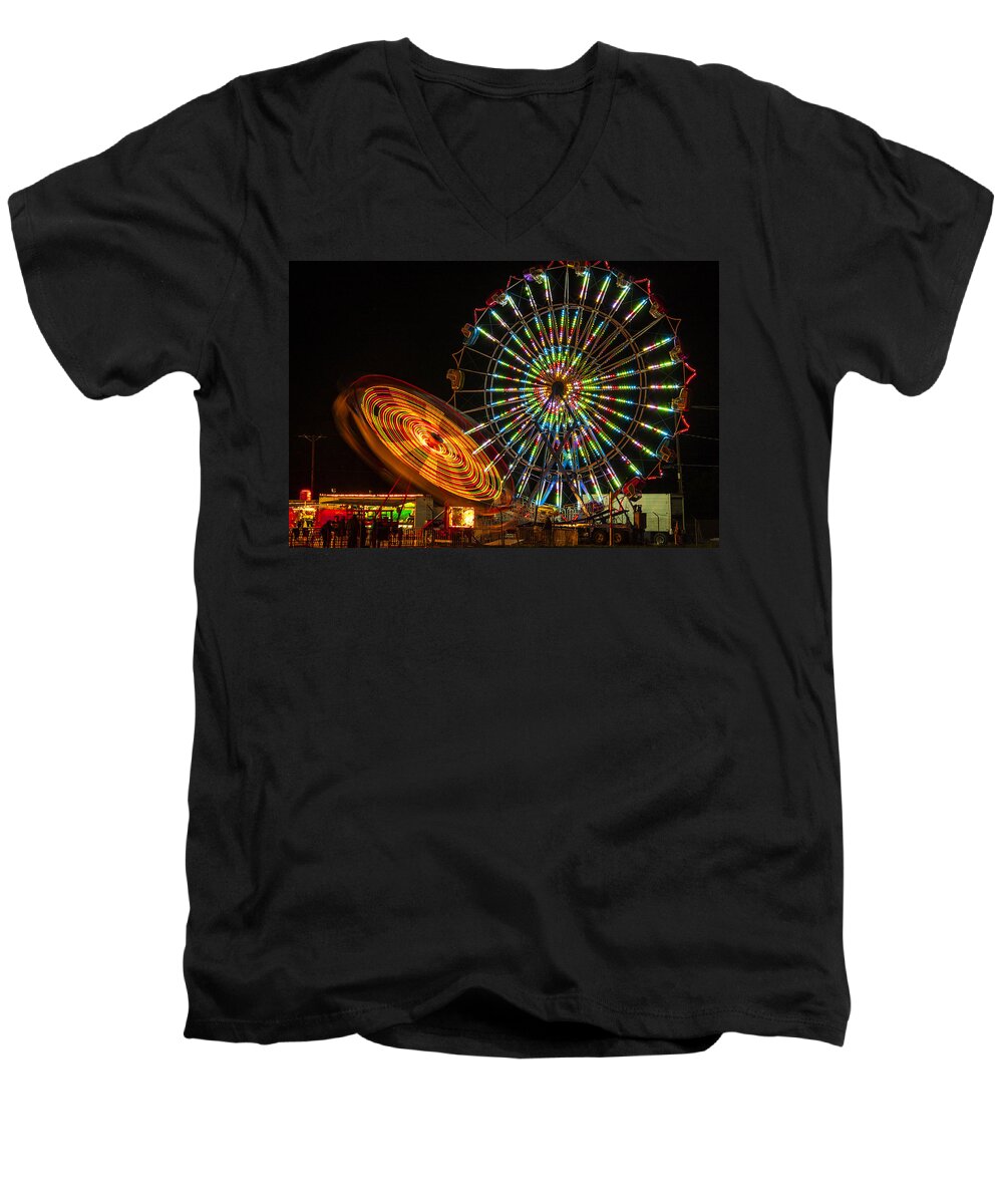 Colorful Carnival Ferris Wheel Ride At Night Prints Men's V-Neck T-Shirt featuring the photograph Colorful Carnival Ferris Wheel Ride at Night by Jerry Cowart