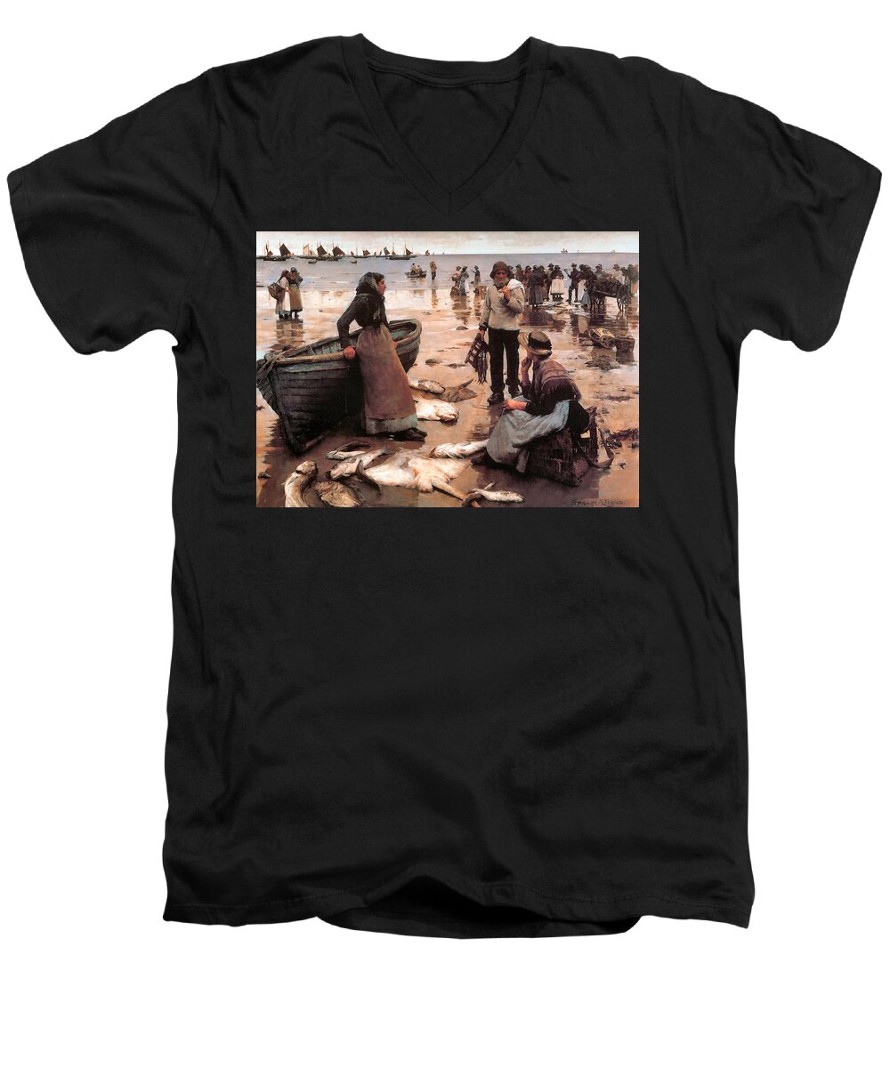 Stanhope Alexander Forbes Men's V-Neck T-Shirt featuring the digital art A Fish Sale on a Cornish Beach by Stanhope Alexander Forbes
