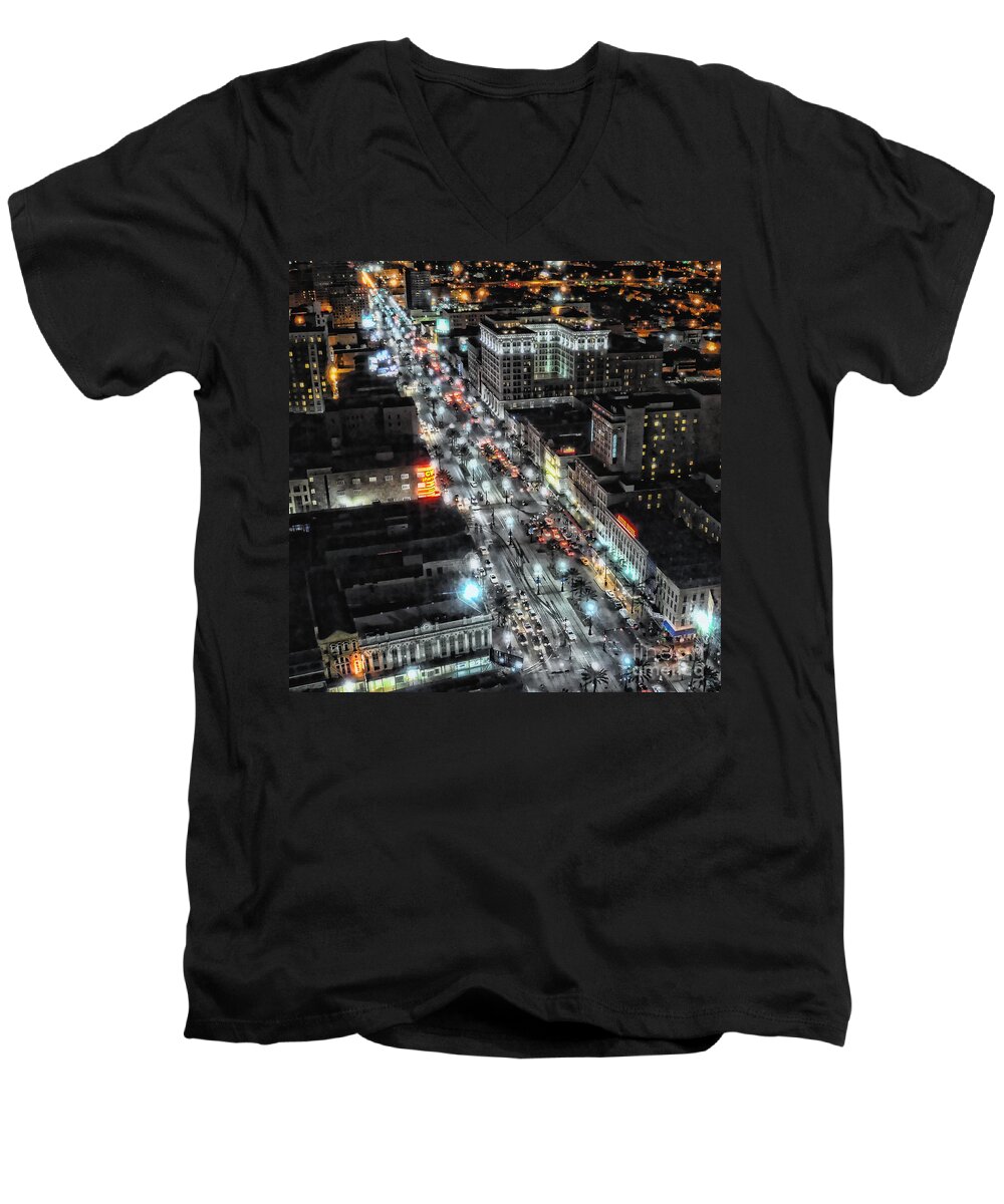 New Orleans Men's V-Neck T-Shirt featuring the photograph A Gothic Night in New Orleans on Canal Street by Kathleen K Parker