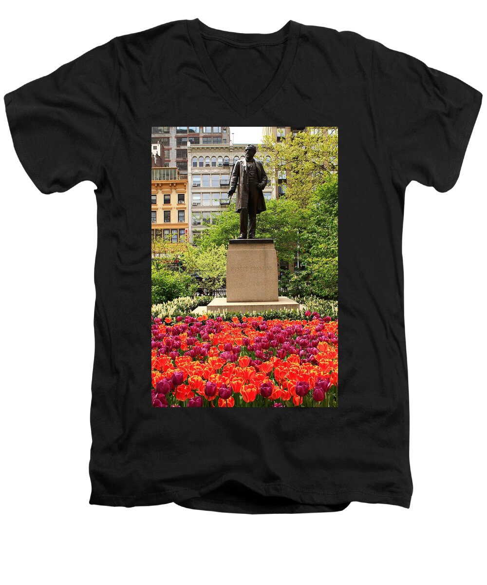 Madison Square Park Men's V-Neck T-Shirt featuring the photograph A Man in the Tulips by Catie Canetti