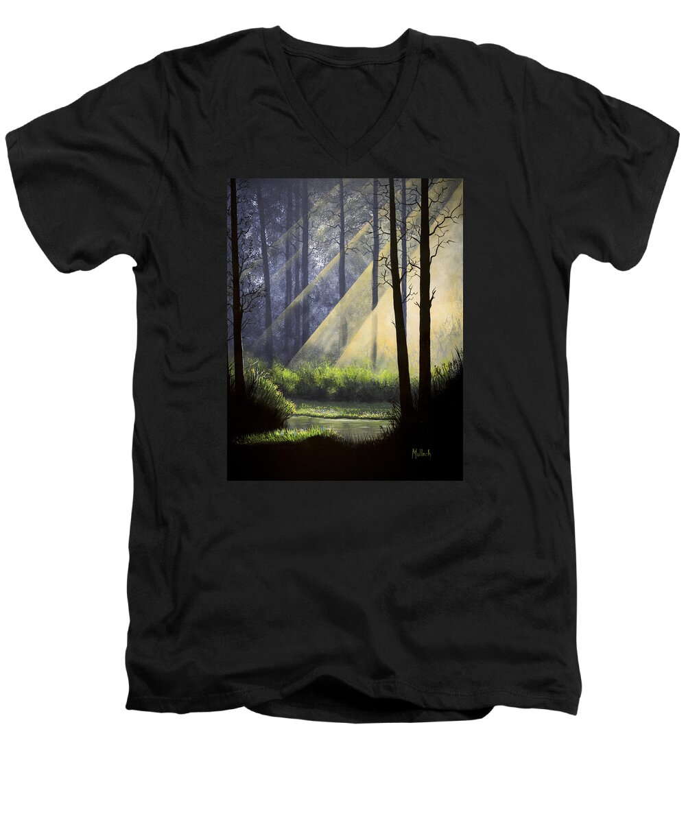 Landscape Men's V-Neck T-Shirt featuring the painting A Quiet Place by Jack Malloch