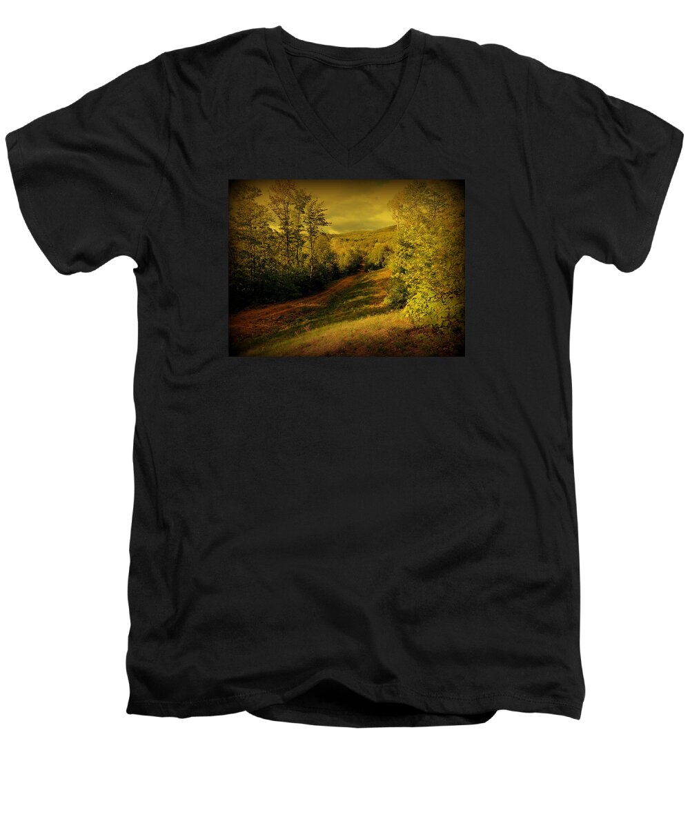 Woods Men's V-Neck T-Shirt featuring the photograph A Road Less Traveled by Mim White
